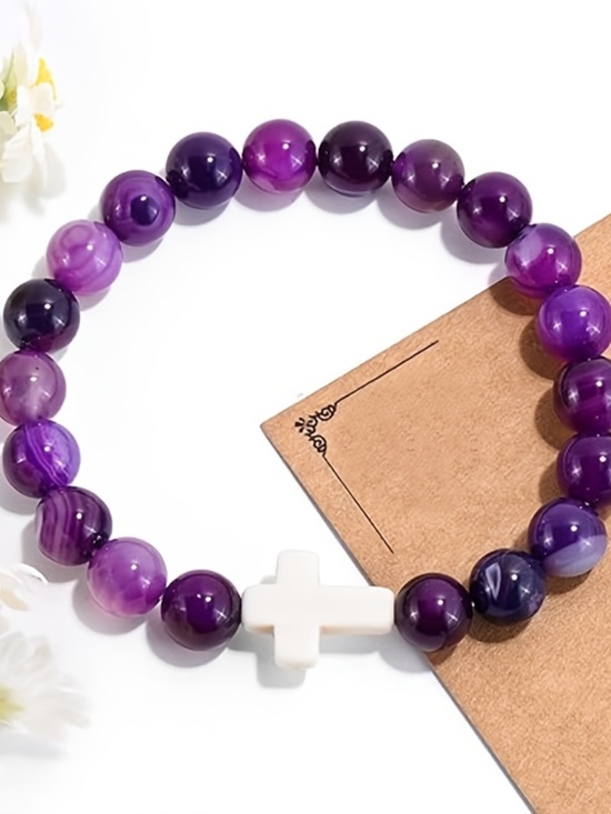 Christian Beads Bracelet Collection Jewelry - #2637**Purple Agate Bead Bracelet with White Cross Accent